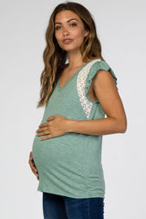 Light Olive Lace Inset Ruffle Accent Maternity Top