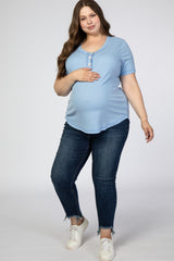 Light Blue Button Front Maternity Plus T Shirt