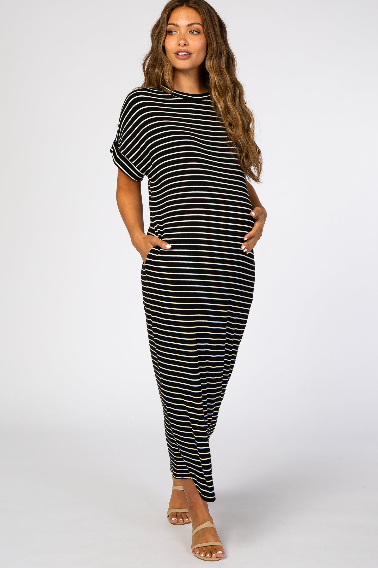 Black Striped Rib Mock Neck Maternity Midi Dress