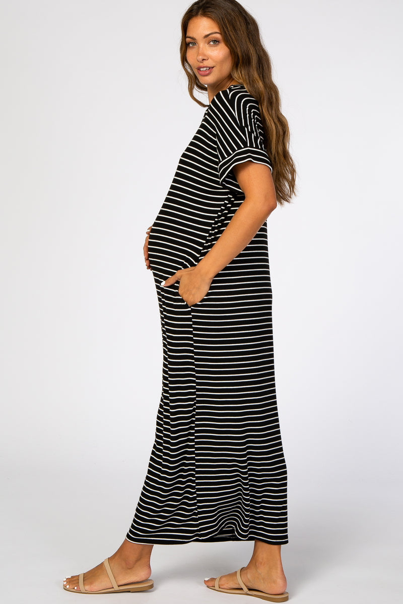 Black Striped Rib Mock Neck Maternity Midi Dress– PinkBlush