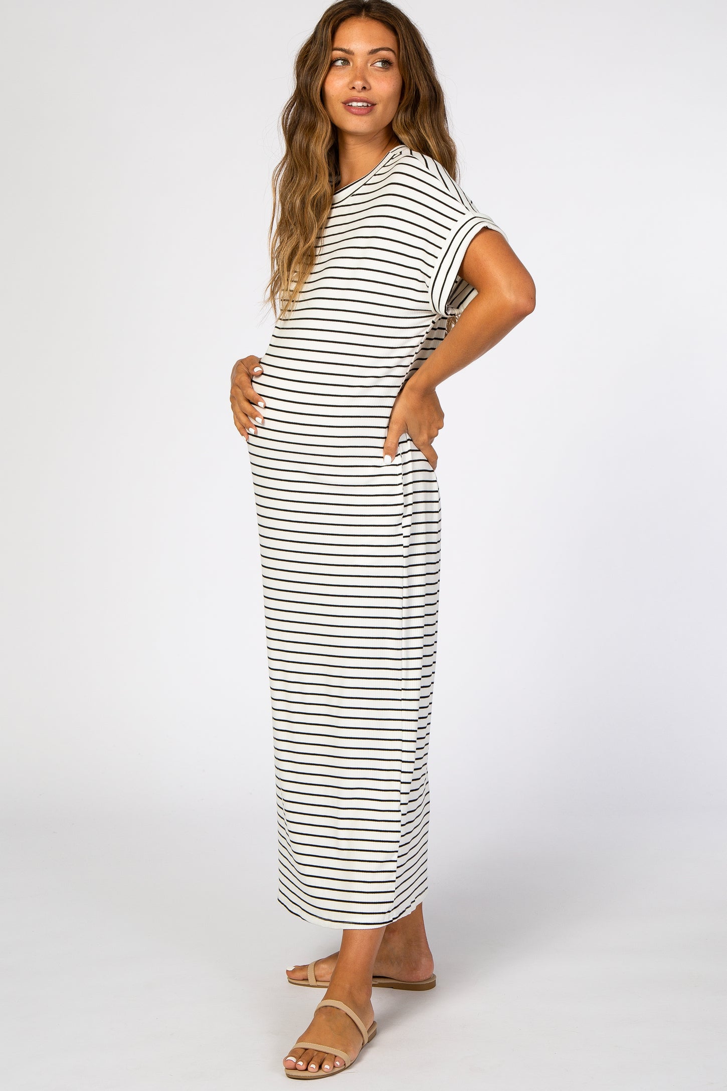 White Striped Rib Mock Neck Maternity Midi Dress– PinkBlush