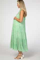 Green Floral Chiffon Tiered Maternity Midi Dress