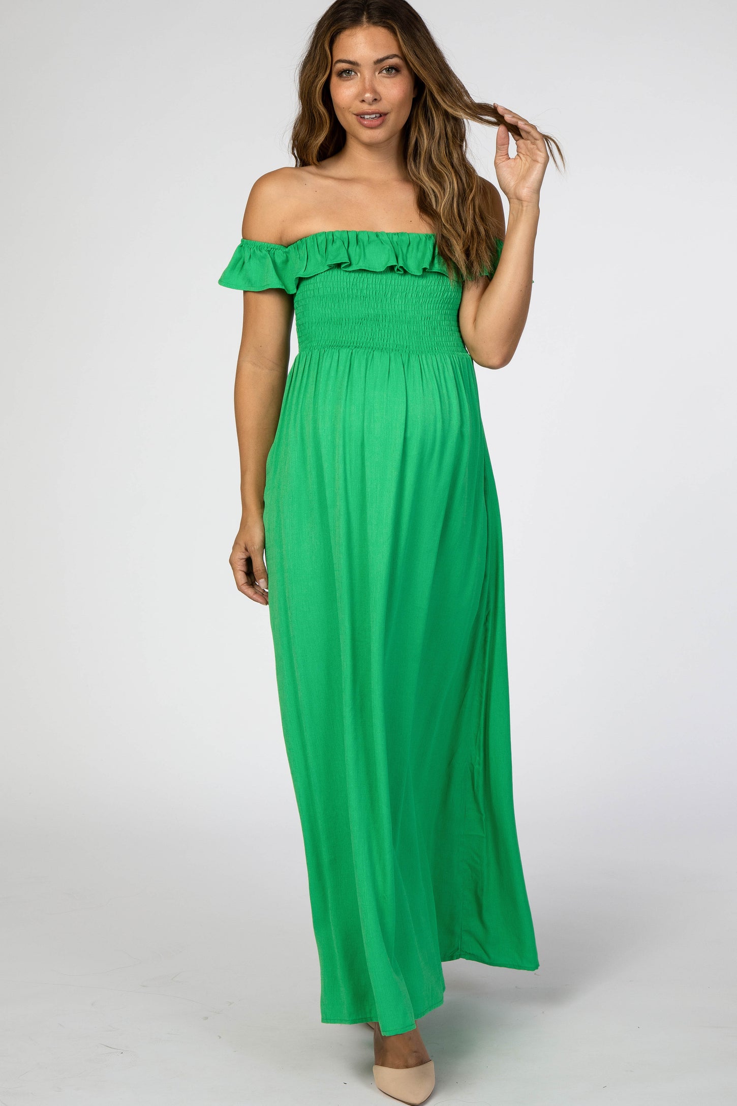 Green Off Shoulder Smocked Maternity Maxi Dress– PinkBlush