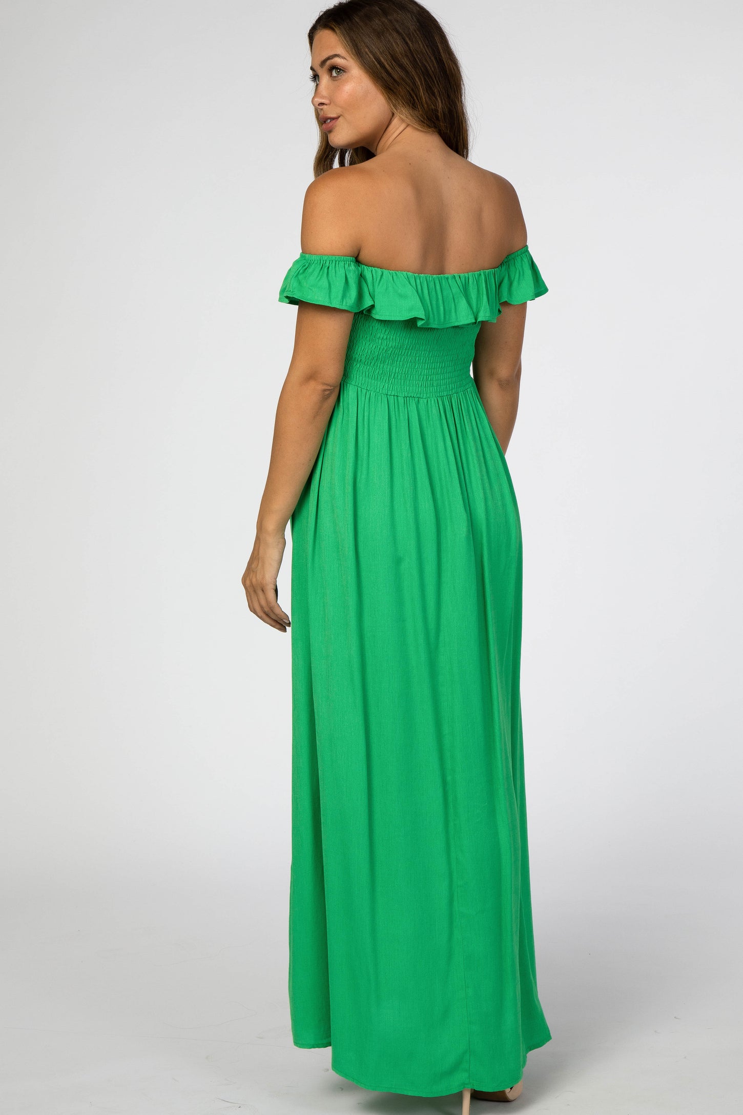 Green Off Shoulder Smocked Maternity Maxi Dress– PinkBlush