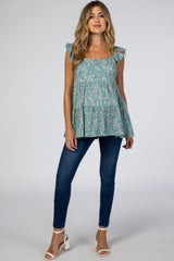 Teal Floral Square Neck Ruffle Sleeve Maternity Top