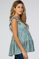 Teal Floral Square Neck Ruffle Sleeve Maternity Top