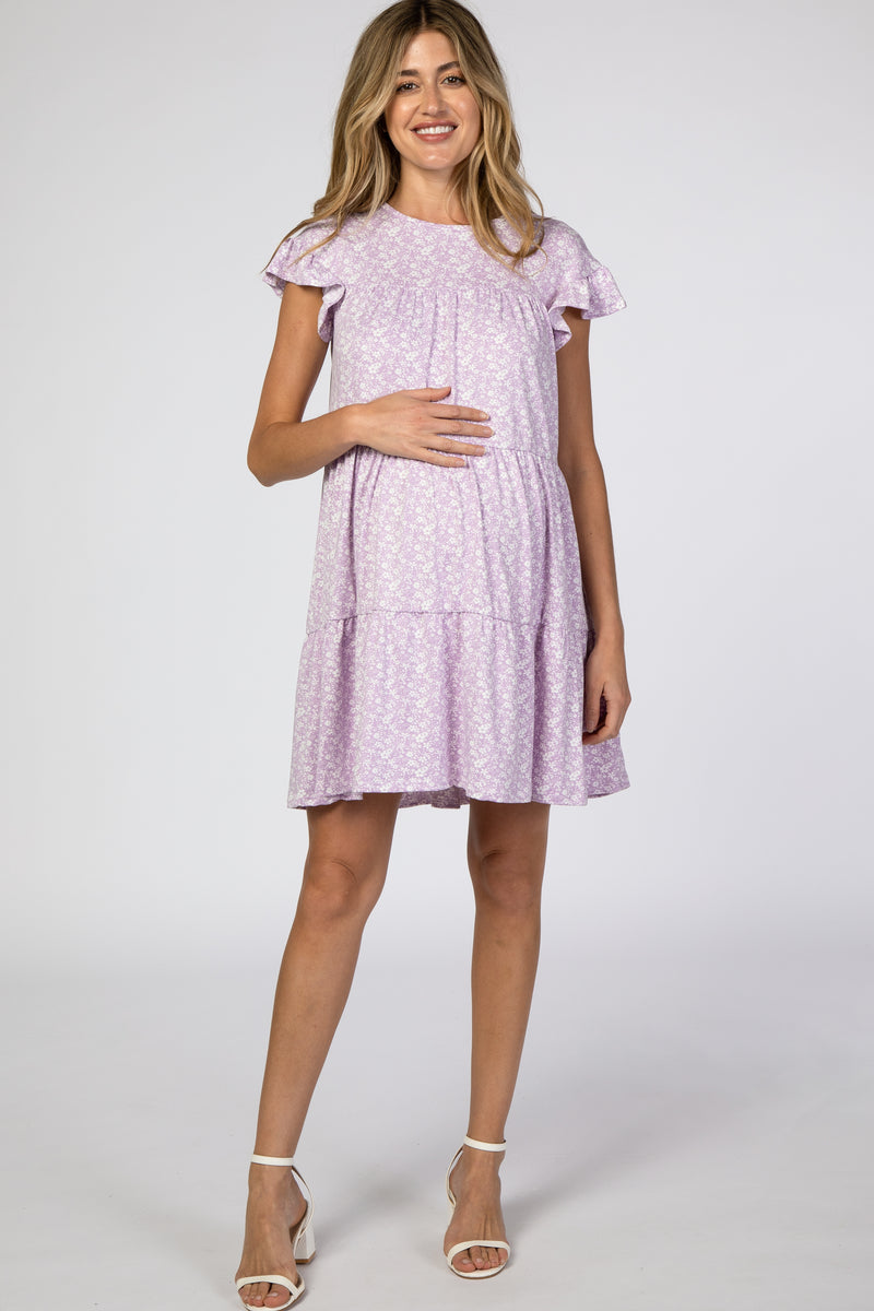 Grey Taupe Long Sleeve Floral Accent Maternity Dress