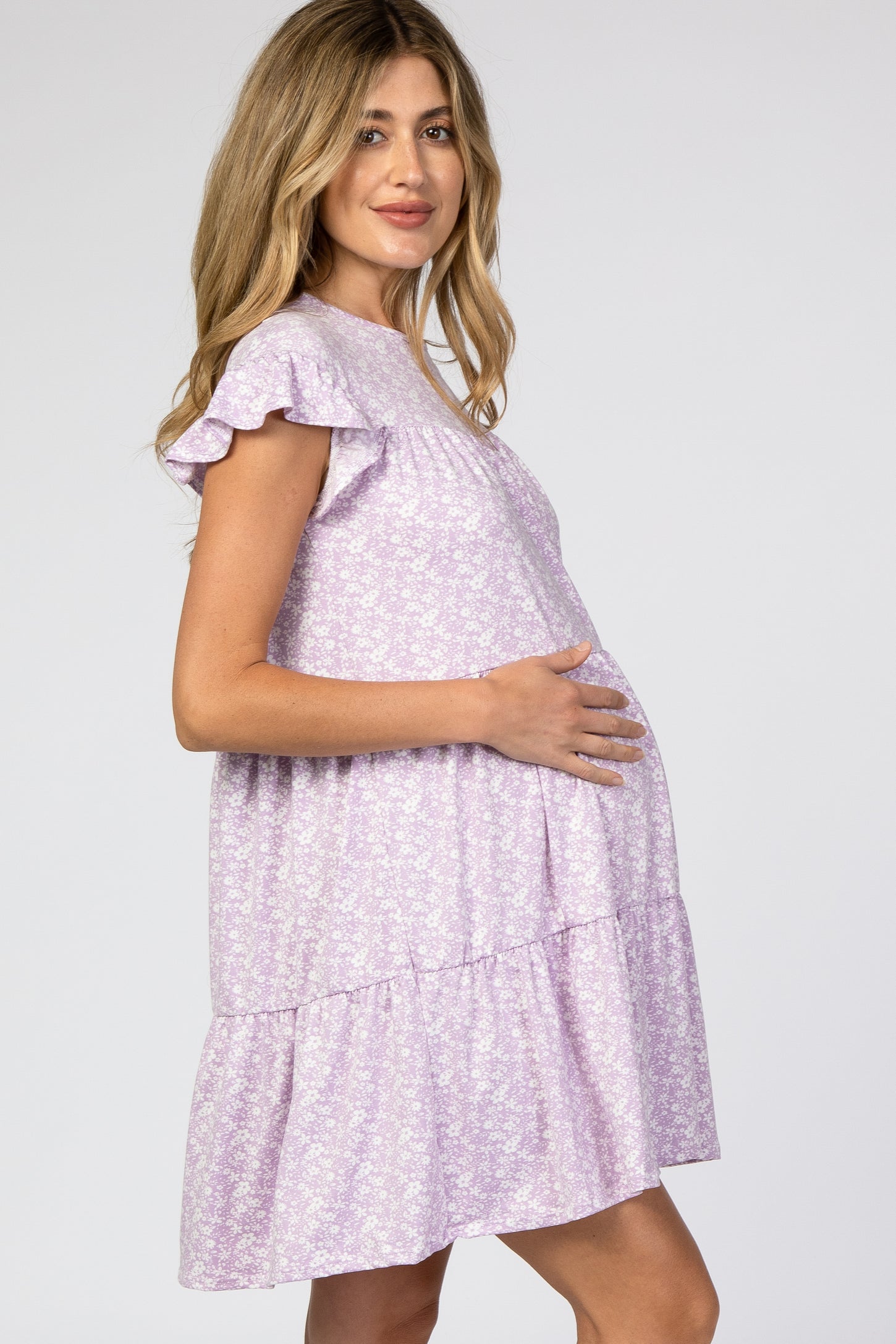 Lavender Floral Tiered Ruffle Accent Maternity Dress– PinkBlush