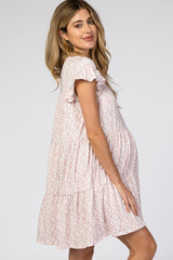 Mauve Floral Tiered Ruffle Accent Maternity Dress