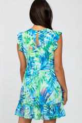 Blue Green Tropical Print Dress