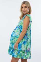 Blue Green Tropical Print Maternity Dress