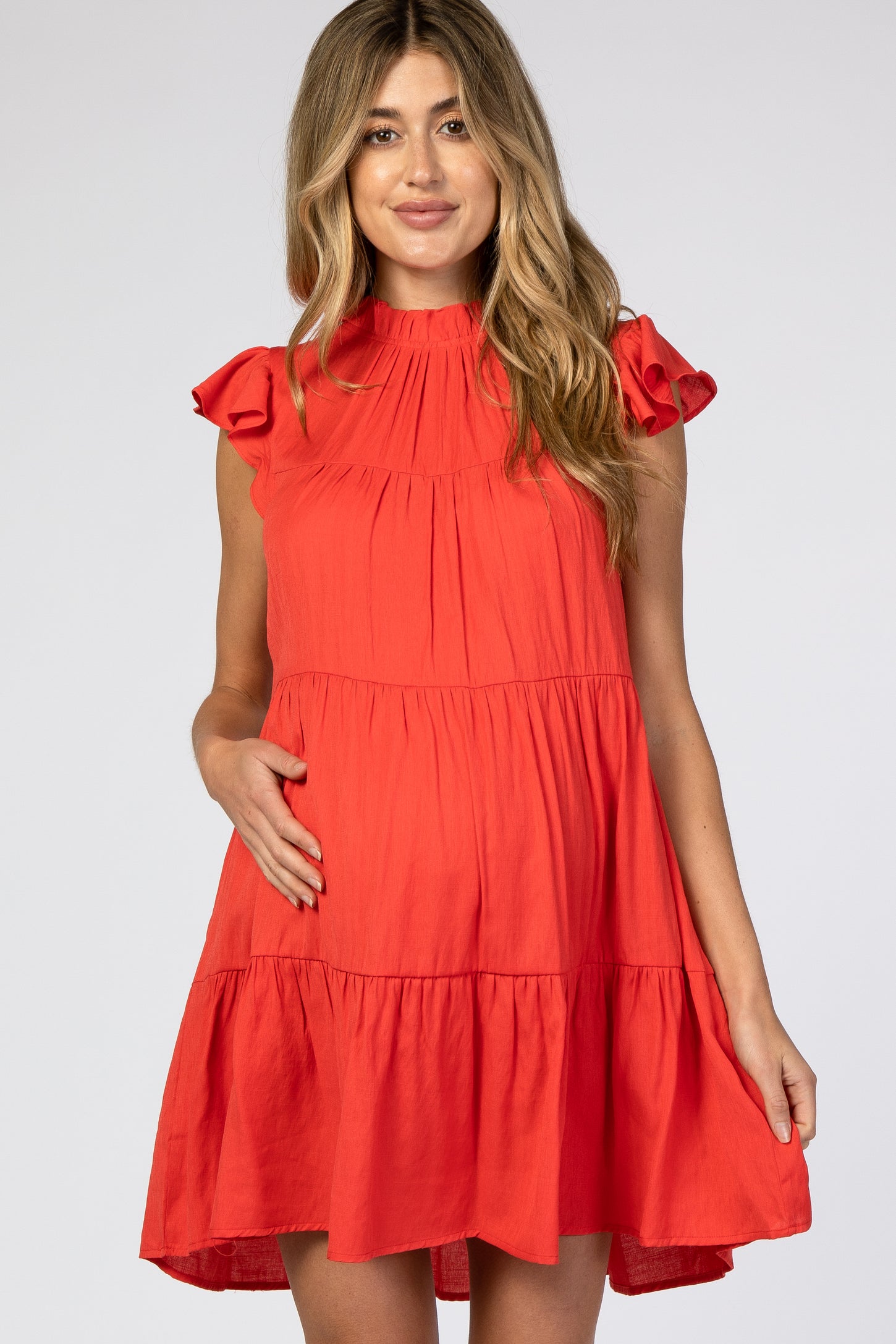 Red Ruffle Accent Tiered Maternity Dress