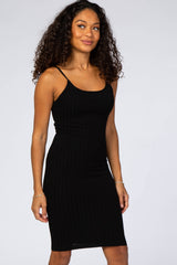 Black Ribbed Knit Fitted Dress