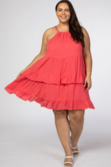 Coral Halter Neck Tie Tiered Maternity Plus Dress