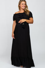 Black Off Shoulder Tassel Tie Maternity Plus Maxi Dress