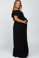Black Off Shoulder Tassel Tie Maternity Plus Maxi Dress