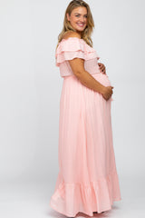 Pink Off Shoulder Tassel Tie Maternity Plus Maxi Dress
