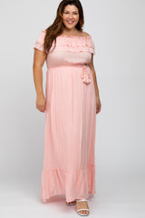 Pink Off Shoulder Tassel Tie Maternity Plus Maxi Dress