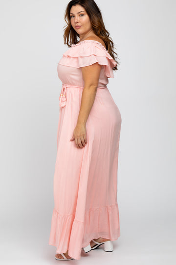 Pink Off Shoulder Tassel Tie Plus Maxi Dress