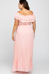 Pink Off Shoulder Tassel Tie Plus Maxi Dress