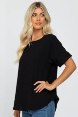 Black Rolled Cuff Short Sleeve Blouse
