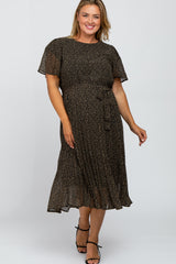 Black Leaf Print Pleated Maternity Plus Midi Dress