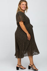 Black Leaf Print Pleated Maternity Plus Midi Dress
