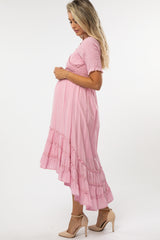 Pink Smocked Ruffle Hi-Lo Maternity Midi Dress