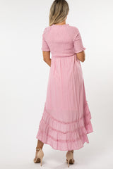 Pink Smocked Ruffle Hi-Lo Maternity Midi Dress