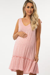 Pink Triangle Print Shoulder Tie Ruffle Hem Maternity Dress