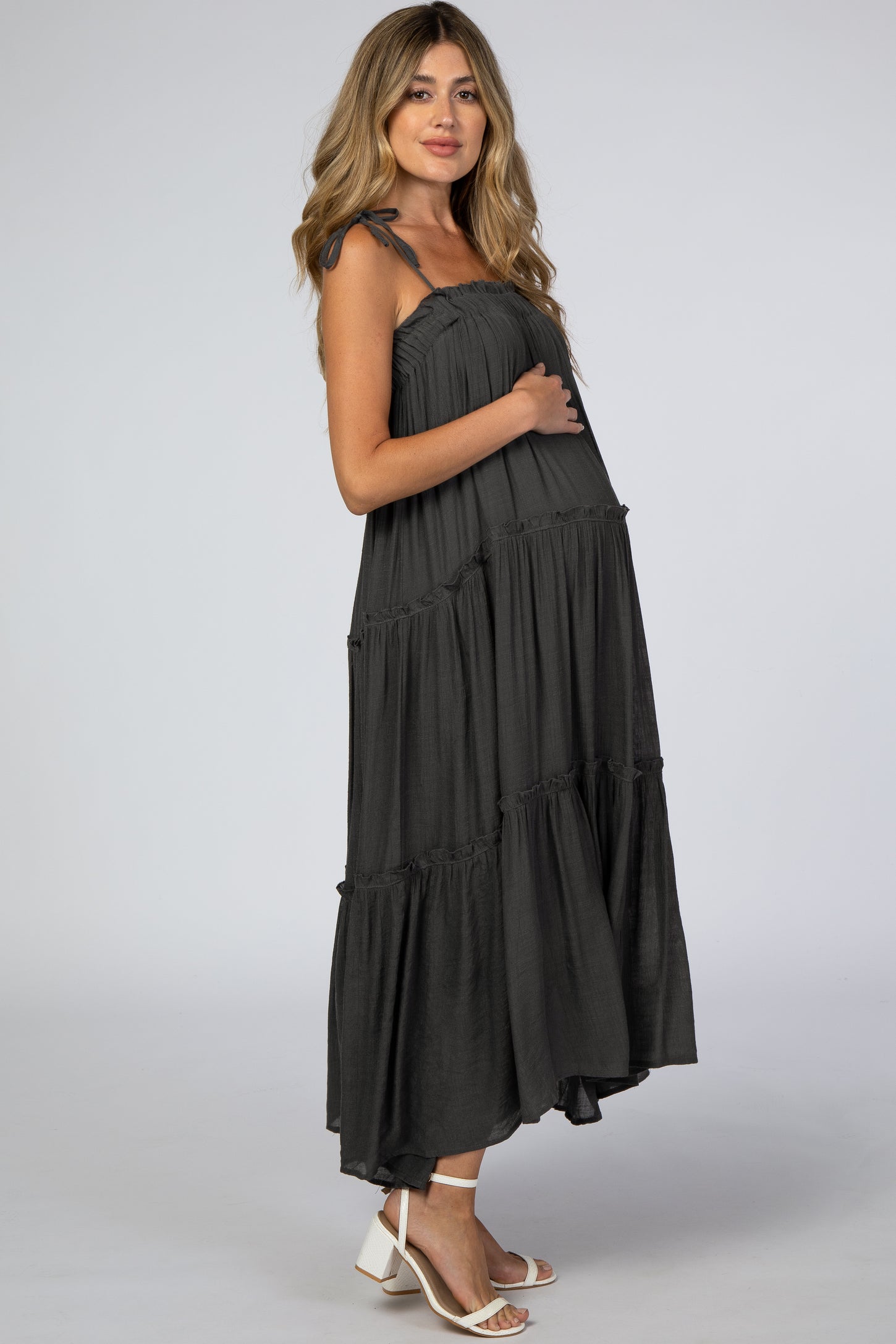 Charcoal Tie Strap Ruffle Maternity Maxi Dress– PinkBlush