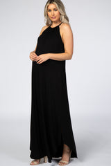 Black High Neck Side Slit Maternity Maxi Dress