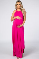 Fuchsia High Neck Side Slit Maternity Maxi Dress