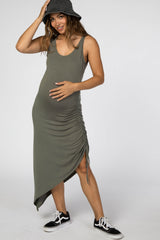 Olive Asymmetrical Side Drawstring Maternity Midi Dress