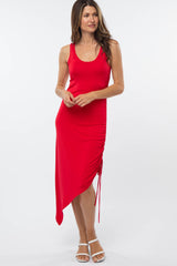 Red Asymmetrical Side Drawstring Maternity Midi Dress