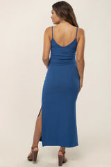 Blue Ribbed Side Slit Maternity Maxi Dress