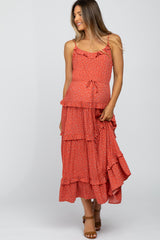Coral Polka Dot Ruffle Tiered Maternity Midi Dress