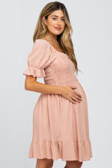 Mauve Smocked Puff Sleeve Maternity Dress