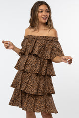 Brown Leopard Print Off Shoulder Tiered Maternity Dress