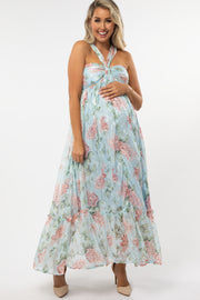 Light Blue Floral Chiffon Halter Neck Maternity Gown