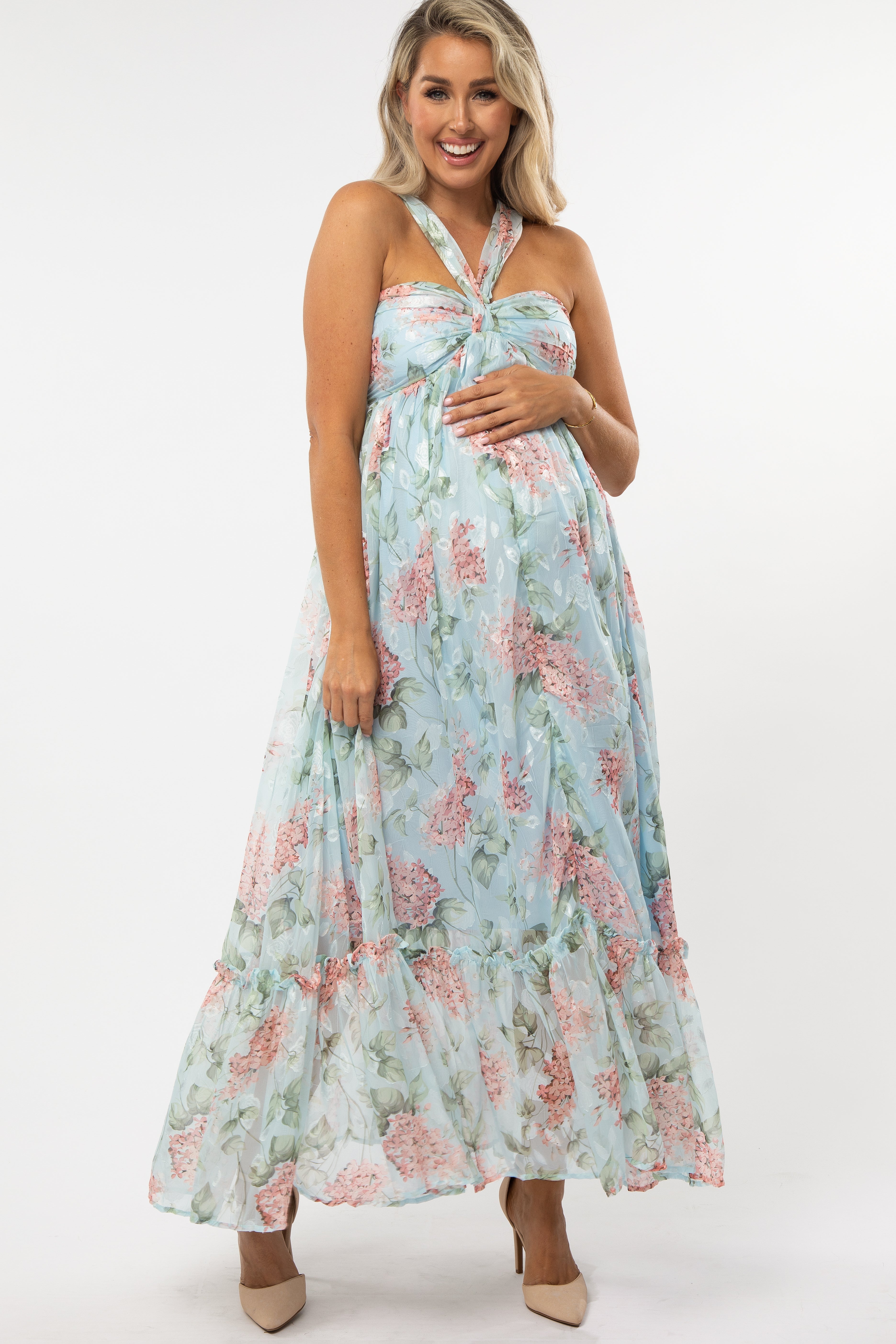 Light Blue Floral Chiffon Halter Neck Maternity Gown– PinkBlush
