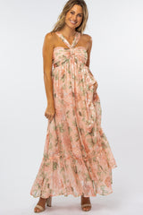 Peach Floral Chiffon Halter Neck Maternity Gown