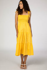 Yellow Smocked Tie Strap Maternity Midi Dress