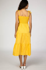Yellow Smocked Tie Strap Midi Dress