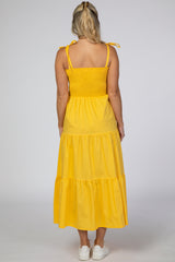 Yellow Smocked Tie Strap Maternity Midi Dress