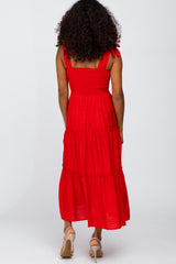 Red Shoulder Tie Tiered Midi Dress