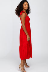 Red Shoulder Tie Tiered Midi Dress