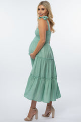 Light Olive Shoulder Tie Tiered Maternity Midi Dress