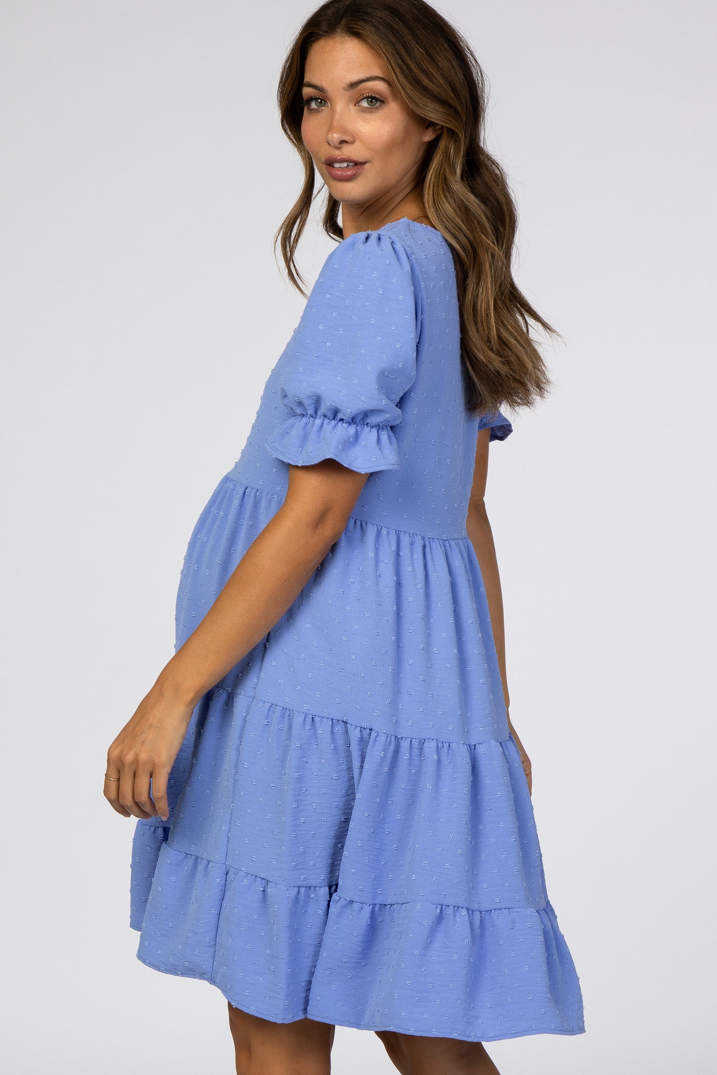 Blue Swiss Dot Tiered Maternity Dress