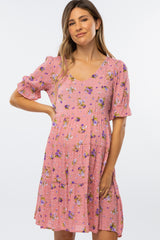 Pink Floral Puff Sleeve Maternity Dress